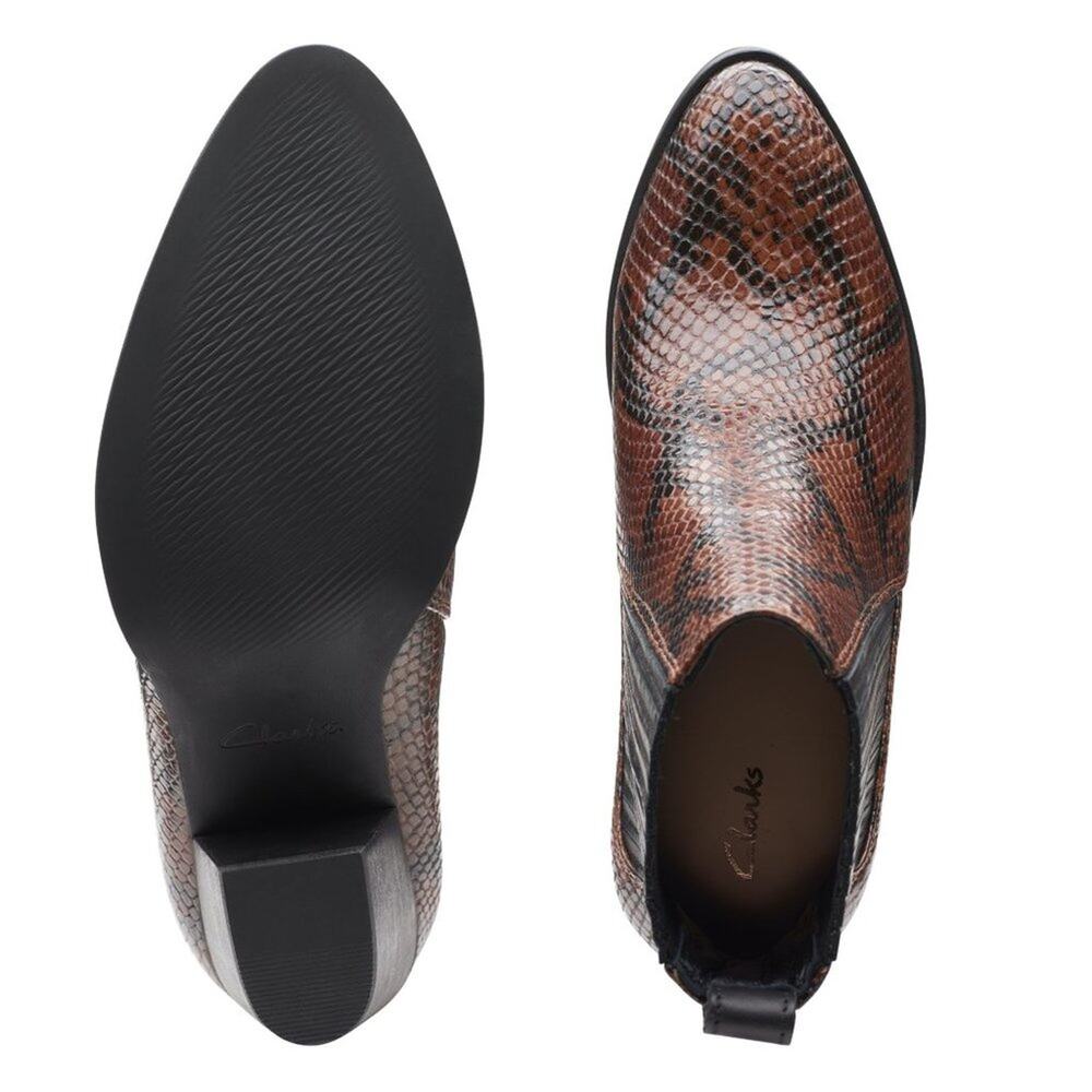 Clarks West Lo Dark Tan Snake Leather Heeled Booties - Picture 10 of 16